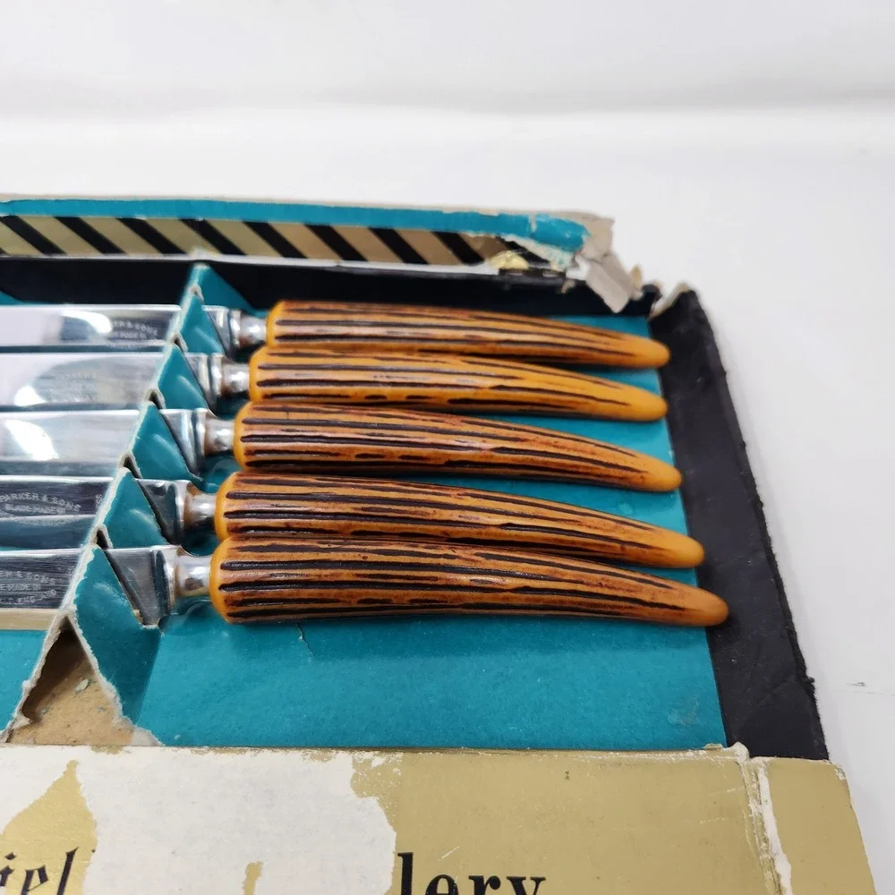 Vintage E Parker & Sons Sheffield England 5pc Steak Knife Set Faux Stag Bakelite